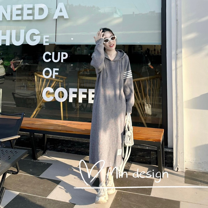 Váy len suông dáng dài có mũ M134 MIN Design, phong cách thể thao trẻ trung năng động, hàng Quảng Châu loại 1