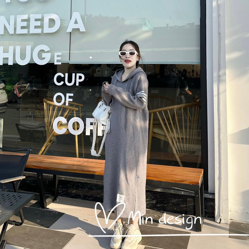 Váy len suông dáng dài có mũ M134 MIN Design, phong cách thể thao trẻ trung năng động, hàng Quảng Châu loại 1