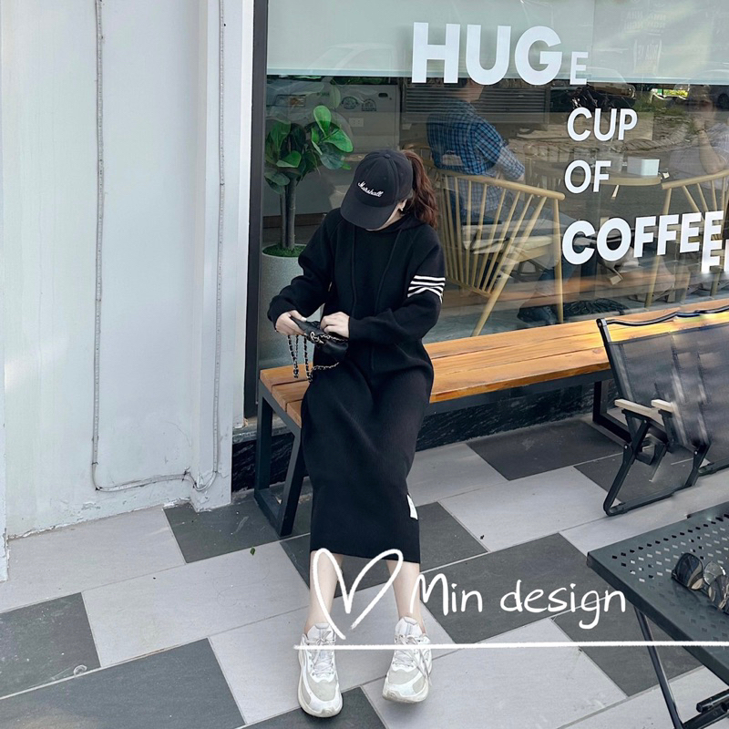 Váy len suông dáng dài có mũ M134 MIN Design, phong cách thể thao trẻ trung năng động, hàng Quảng Châu loại 1