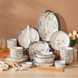 Bộ Bát Đĩa Hoa Thuỷ Tinh Viền Xanh GOSUMI Tráng Men Cao Cấp