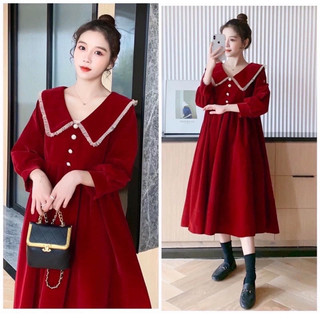 Váy bầu thu đông nhung tăm cổ V
