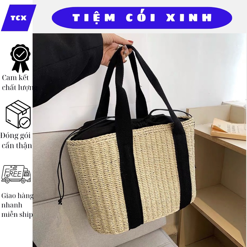 Túi cói quai đen rộng rãi đi làm đi chơi