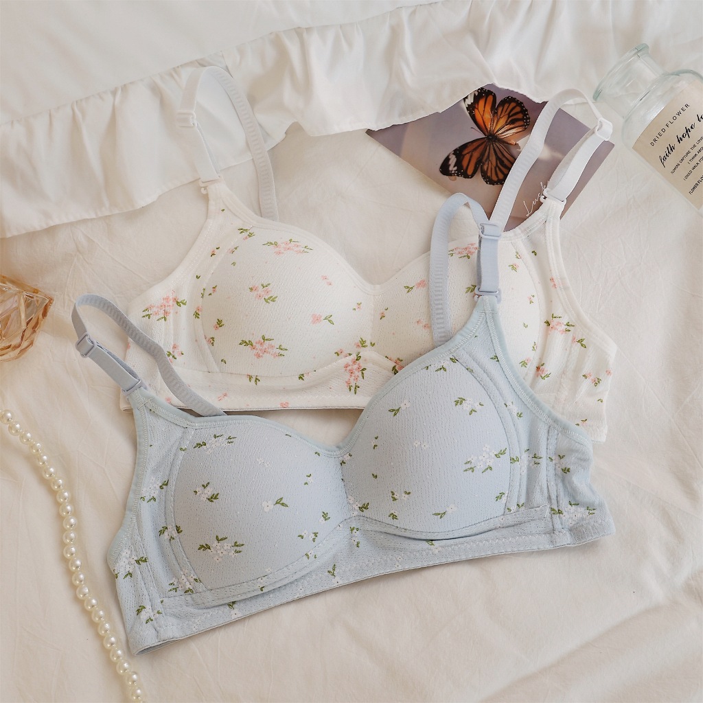 Áo ngực không gọng mút mỏng họa tiết hoa nhí dễ thương - Áo lót nữ cotton đũi 2 dây thoáng mát, 3 nấc cài SAVILL  A343