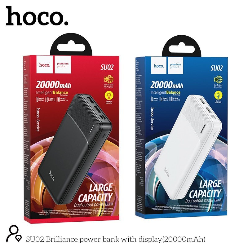 Pin sạc dự phòng 20000mAh Hoco SU02 đèn báo pin, 2 cổng ra, tích điện - Chính hãng TECHHIGH