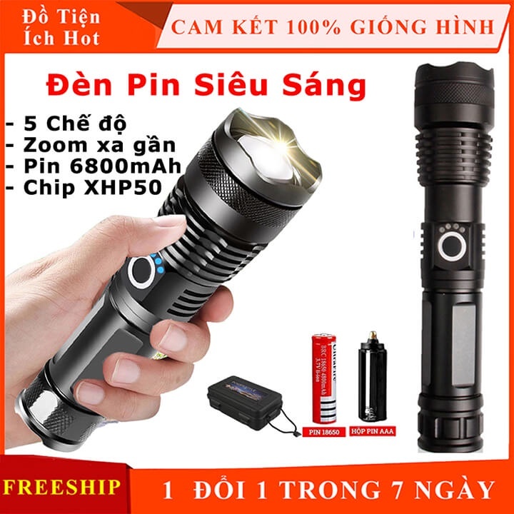 Đèn Pin XHP Siêu Sáng Cầm Tay Pin Trâu - Đèn siêu sáng mini, vỏ kim loại chống nước bền bỉ
