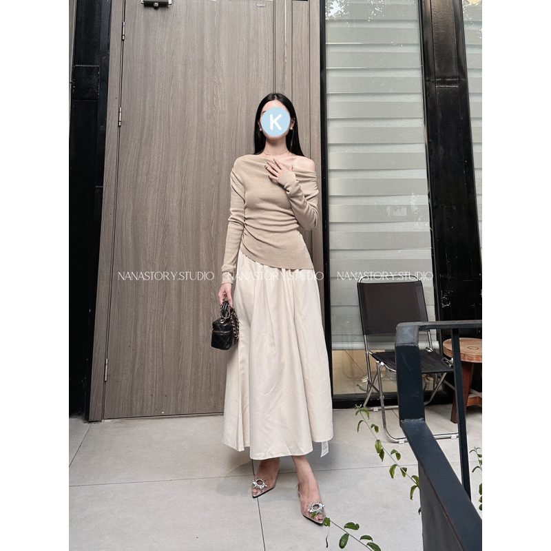 Set Áo Len Montoghi Áo Lệch Vai Mix Chân Váy Xoè Dáng Dài