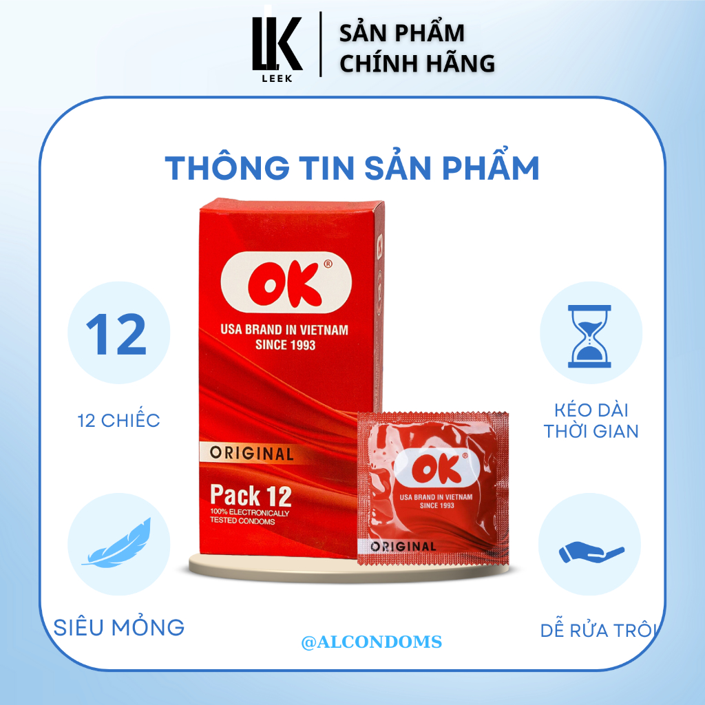 Bao cao su OK kéo dài thời gian quan hệ bcs siêu mỏng ôm sát 49mm hộp 12 chiếc