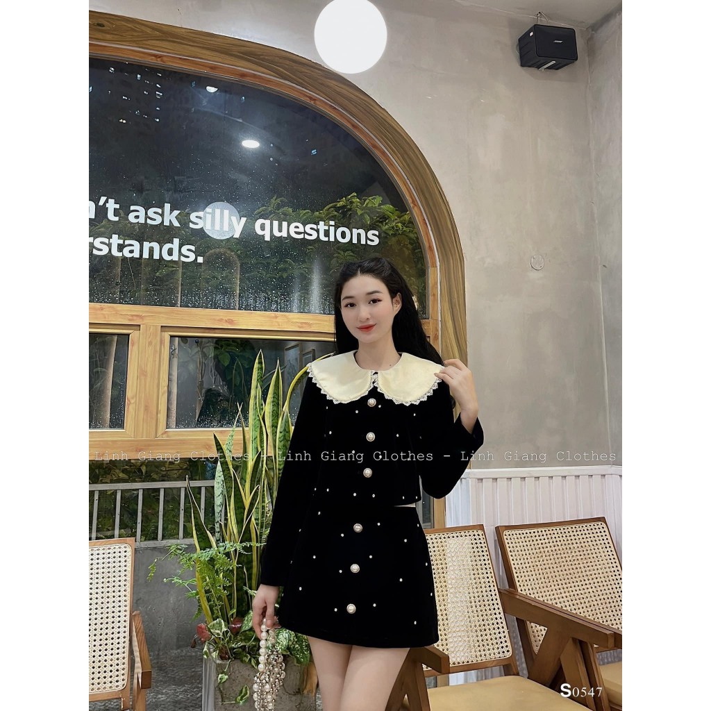 Set Bộ Đồ Nữ Áo Nhung Đính Đá Phối Cổ Bèo Đính Đá Mix Chân Váy Cúc Đá Freesize