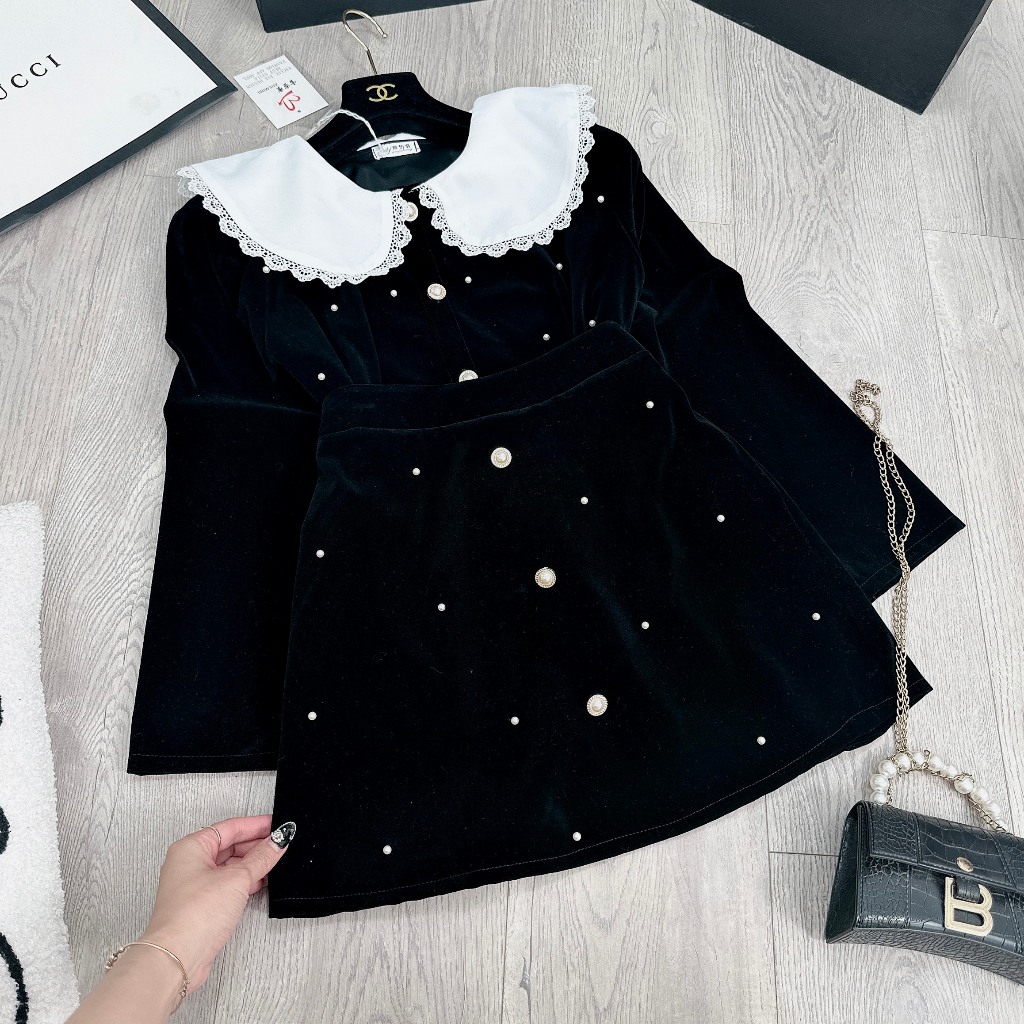 Set Bộ Đồ Nữ Áo Nhung Đính Đá Phối Cổ Bèo Đính Đá Mix Chân Váy Cúc Đá Freesize
