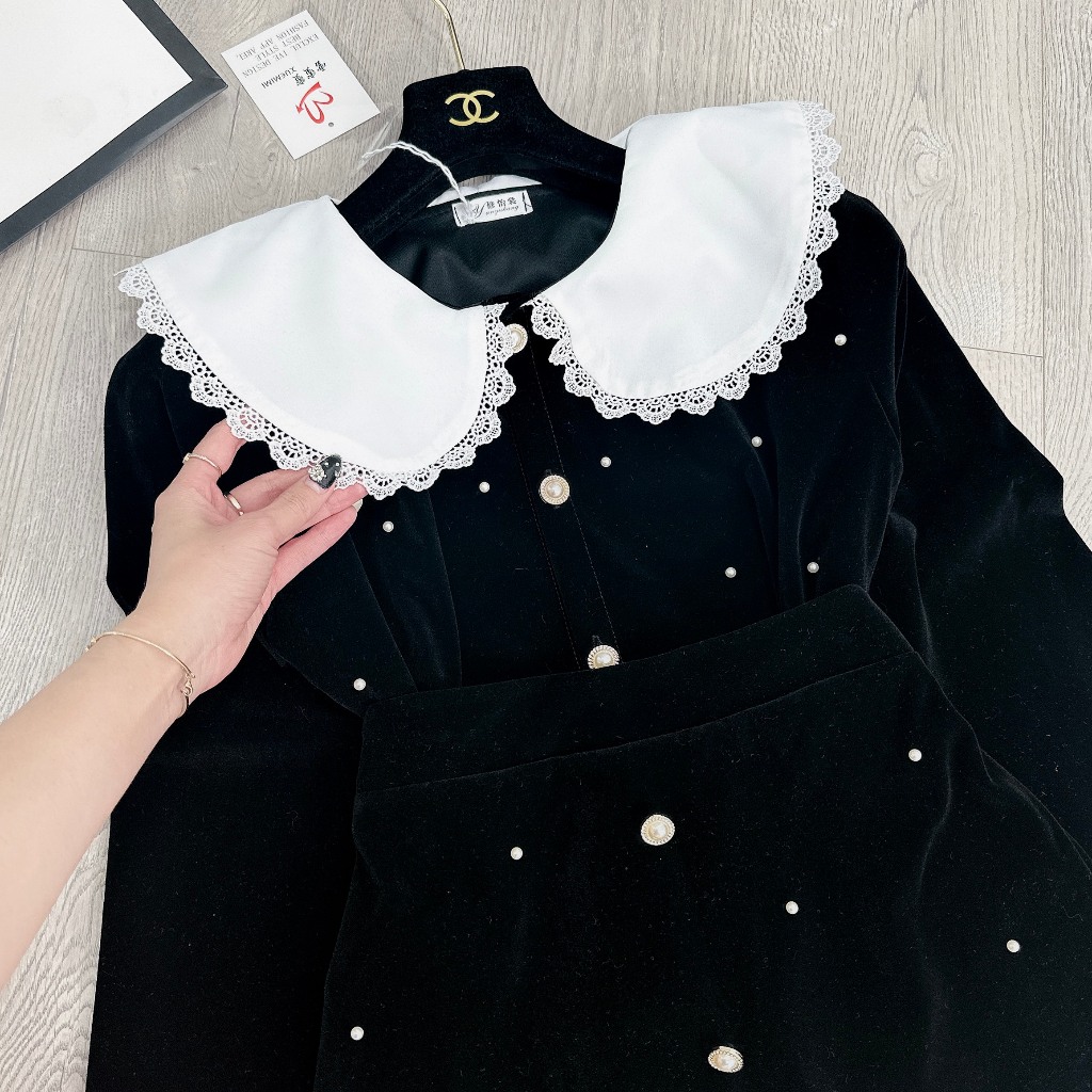 Set Bộ Đồ Nữ Áo Nhung Đính Đá Phối Cổ Bèo Đính Đá Mix Chân Váy Cúc Đá Freesize