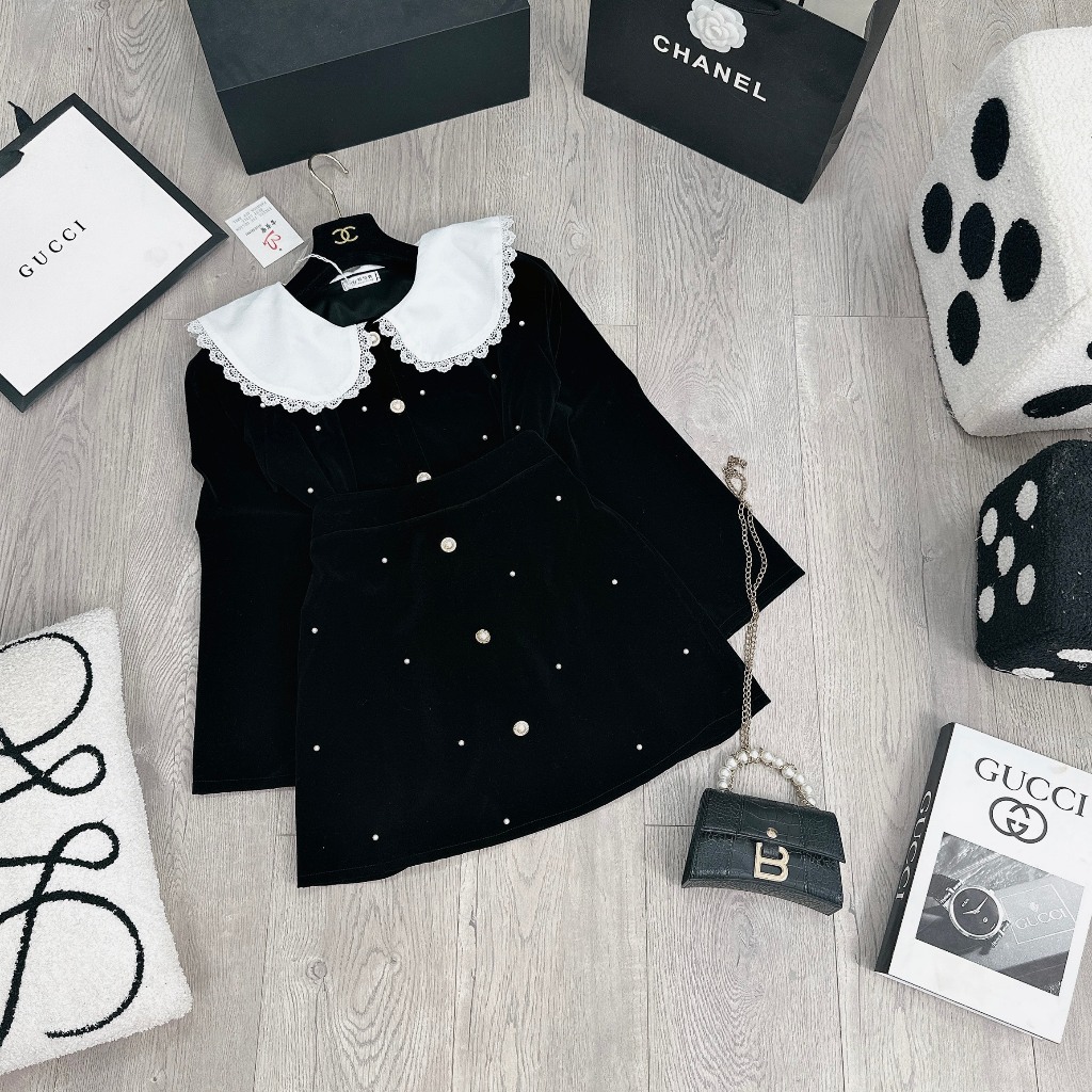 Set Bộ Đồ Nữ Áo Nhung Đính Đá Phối Cổ Bèo Đính Đá Mix Chân Váy Cúc Đá Freesize
