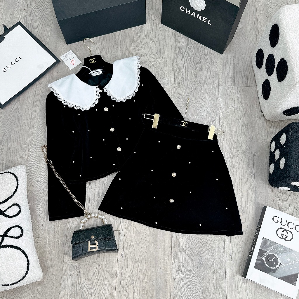 Set Bộ Đồ Nữ Áo Nhung Đính Đá Phối Cổ Bèo Đính Đá Mix Chân Váy Cúc Đá Freesize