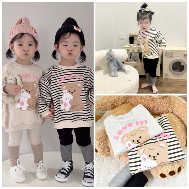✨MALINHKID✨BN071-Bộ nỉ GẤU LOVE IT màu xám mix legging trẻ em VNXK
