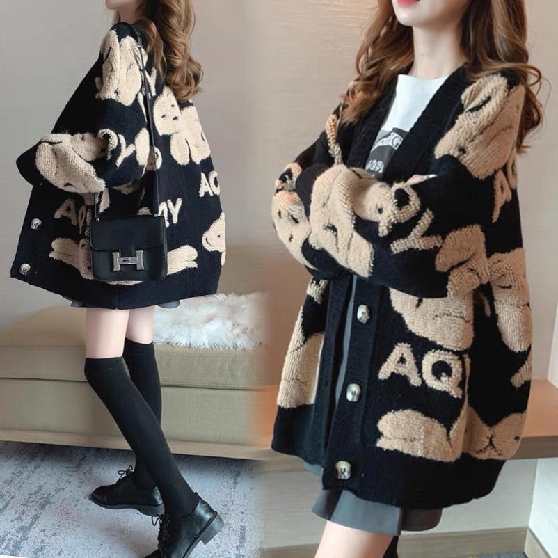 Áo khoác len cardigan nữ kẻ caro đen trắng tay dài bo gấu kiểu cổ V phong cách Hàn Quốc trẻ trung cá tính