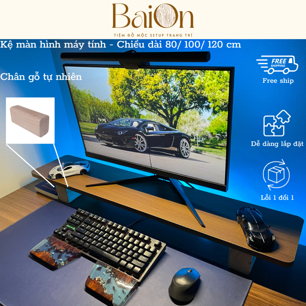 Kệ Màn Hình Máy Tính / Kệ Để Máy Tính/ Kệ Laptop bằng gỗ - Chân Gỗ Tự Nhiên - BaiOn -Dễ dàng lắp đặt - Dài 80/100/120 cm