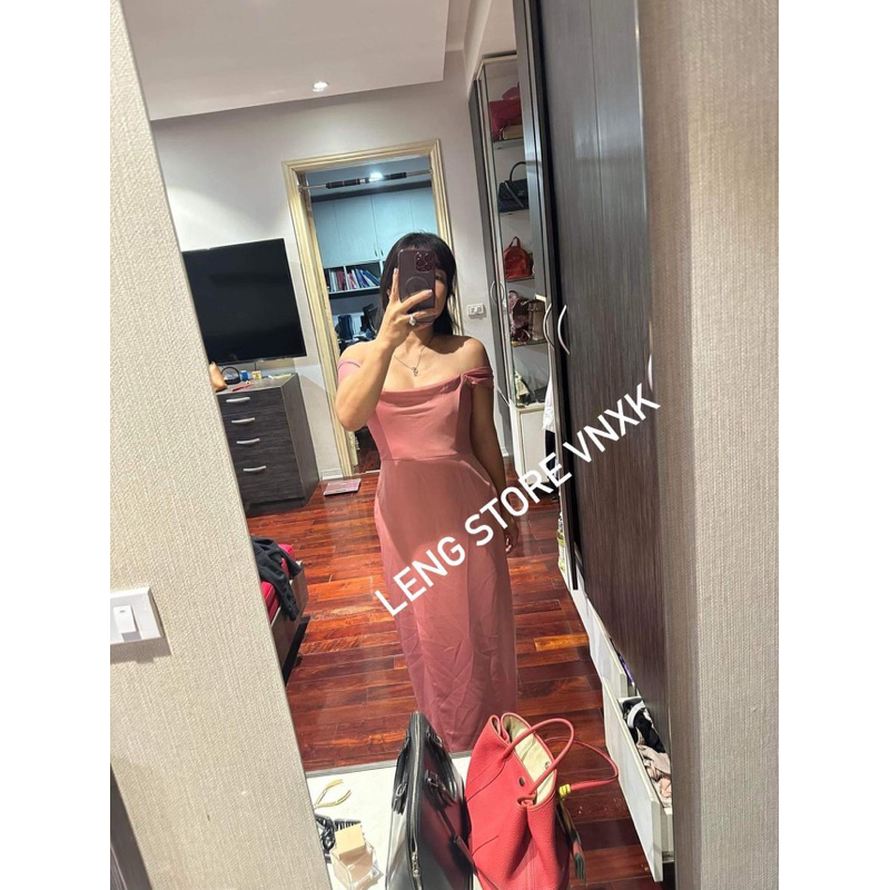 Đầm lụa BHLDN Cleo Off-The-Shoulder Satin Maxi Dress