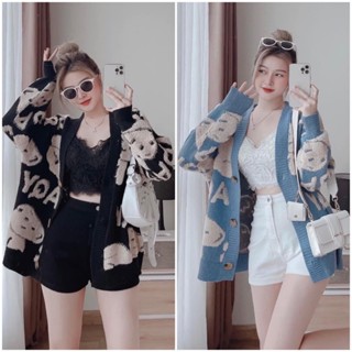 Áo khoác cardigan len nữ form rộng họa tiết Gấu AQY bigsize dáng dài dày dặn phong cách Ulzzang Hàn Quốc trẻ trung