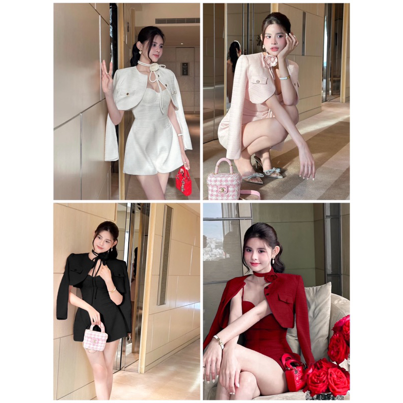 Set áo vest bố + jumpsuit cup ngực bố + hoa dây cột cổ