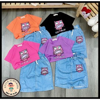 Size (10-45kg)-Set váy Jean phối áo Cotton 4 chiều cho Mẹ và bé gái, Áo in mèo hoạt hình dễ thương, chân váy Jean mềmmịn