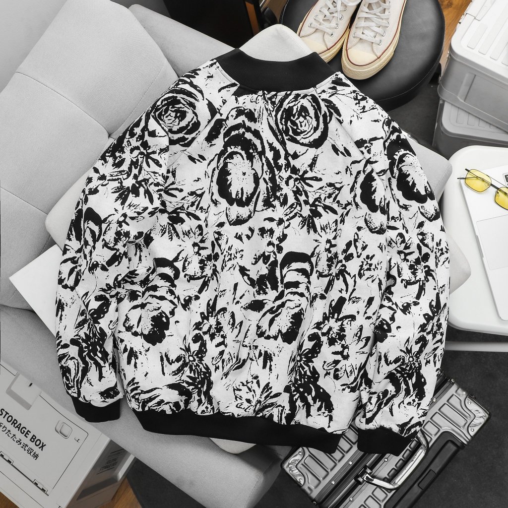 Big size - Áo bomber varsity thời trang kết hợp in lụa hoa hồng có lót dù dày dặn >130kg