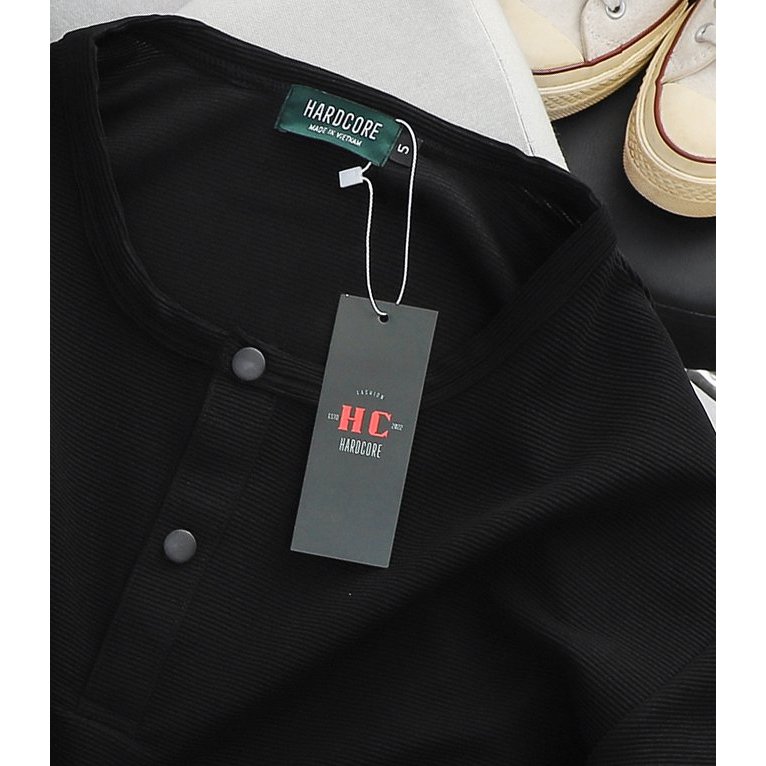 Big size - Áo thun tay dài màu đen trơn phối nút cài unisex chất vải gân poly co giãn big size 85-130kg