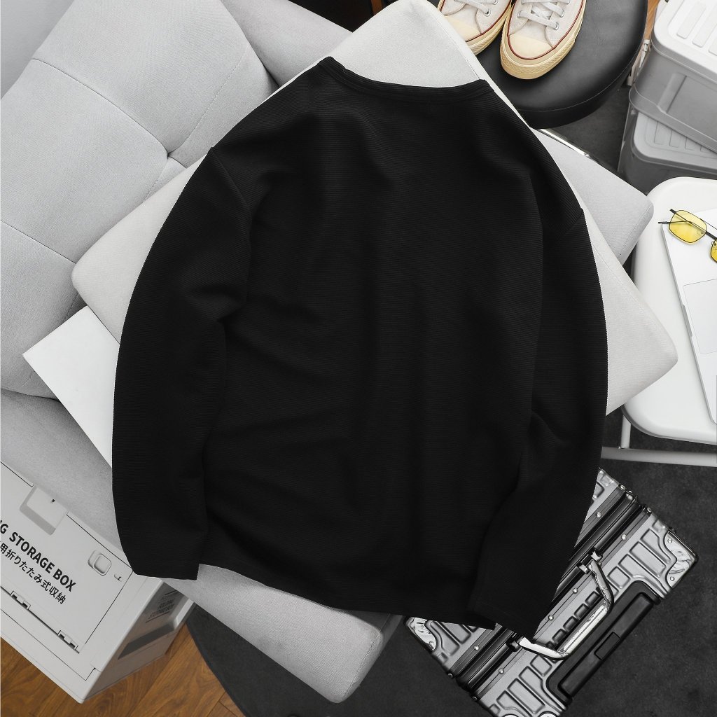 Big size - Áo thun tay dài màu đen trơn phối nút cài unisex chất vải gân poly co giãn big size 85-130kg