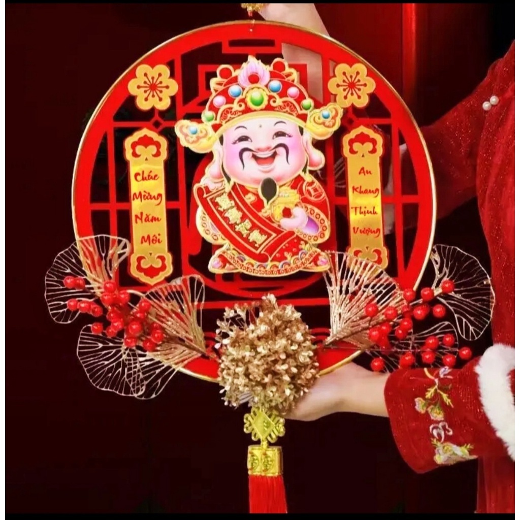 Dải Treo Thần Tài Lắc Đầu Gọi Tài Lộc Kèm Hoa Size Đại 38cm Trang Trí Tết - Dải Treo Trang Trí Nhà Cửa