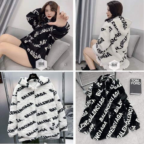 Áo Khoác Lông Balencia 2 lớp Có Mũ Họa Tiết đẹp - Áo Lông Thỏ New Form Rộng Phối Vệt Hoạ Tiết thời trang đi chơi