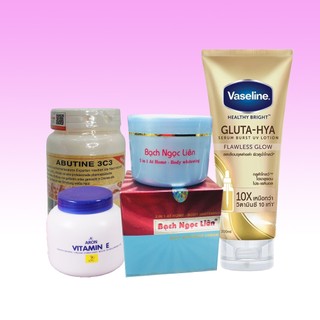 COMBO 4 MÓN Trắng cấp tốc. Kem body bạch ngọc liên + vaseline x10 +abutine +dưỡng vitamin e