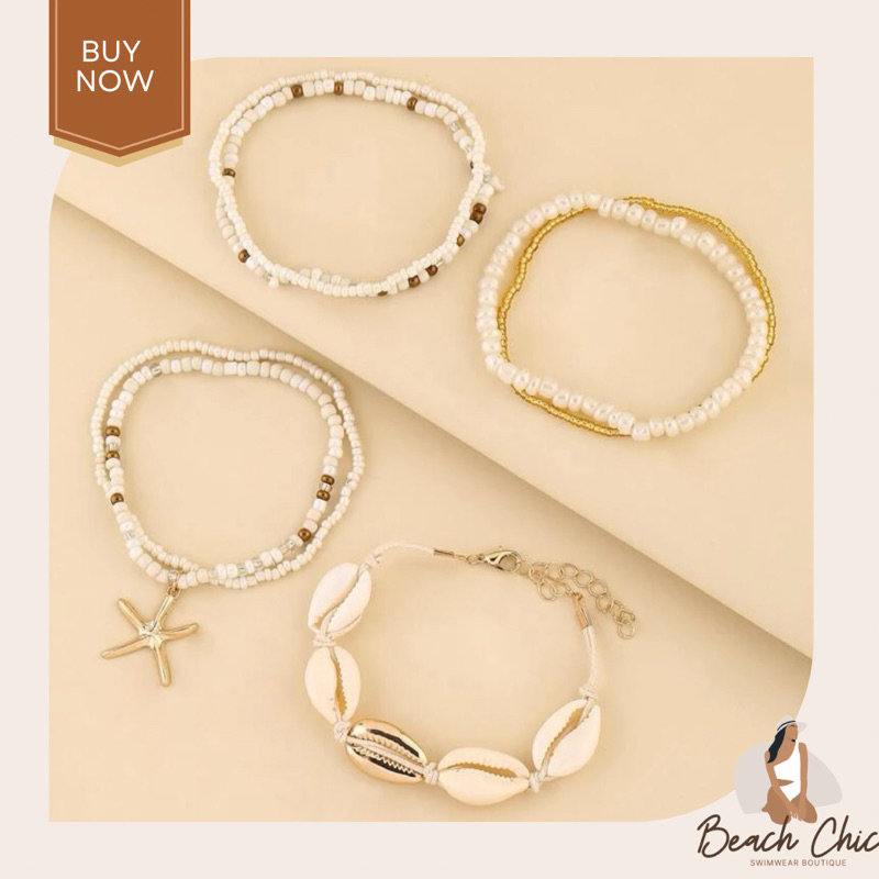 BEACHCHIC Shell Decor Beaded Bracelet - Set vòng tay 4 dây vỏ sò sao biển