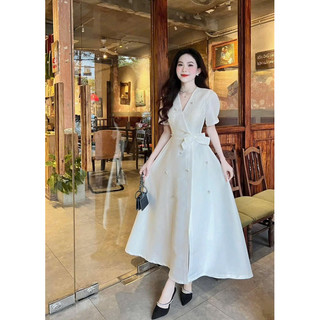 đầm nữ chất tapta cứng đính cườm sang chảnh cổ v chéo cột nơ váy xoè dài maxi một màu trắng
