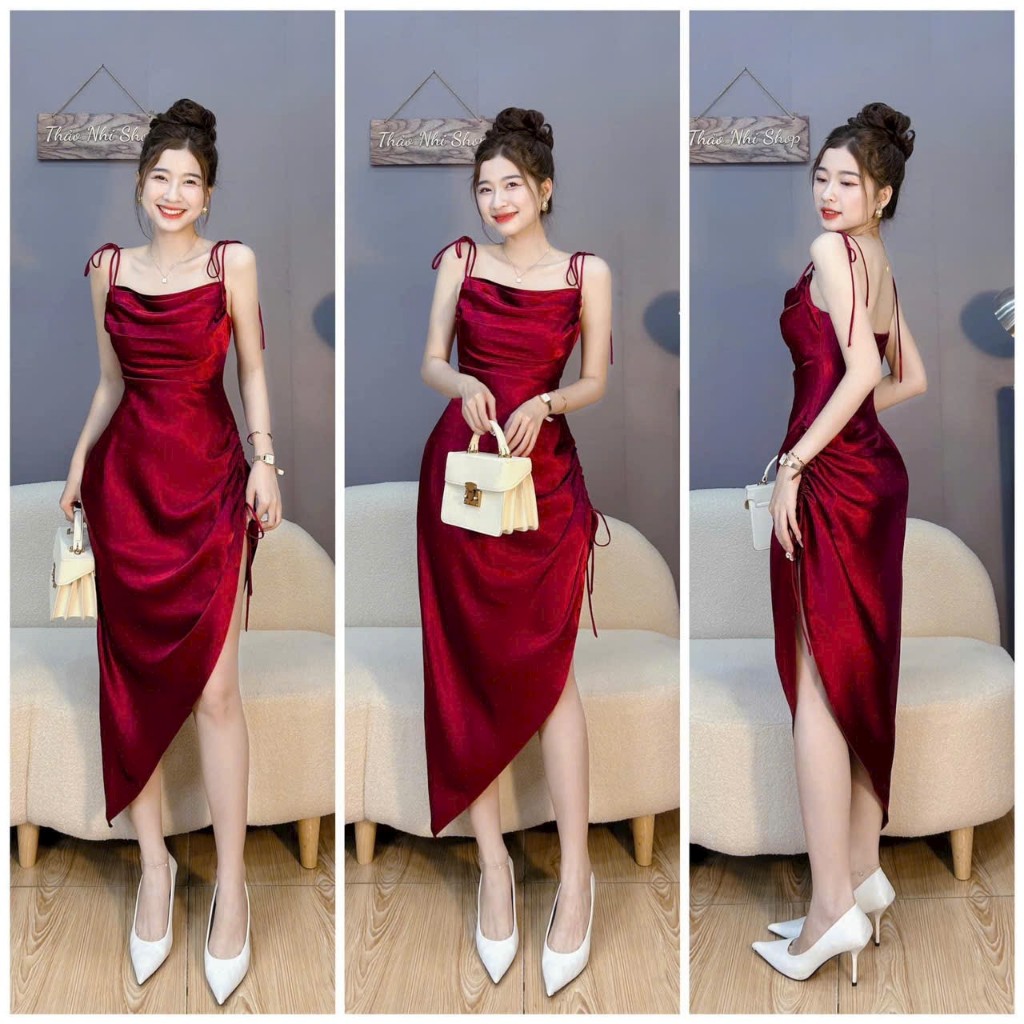 Đầm tiểu thư dự tiệc xinh xắn thiết kế 2 dây xẻ tà sexy chất satin bóng cao cấp