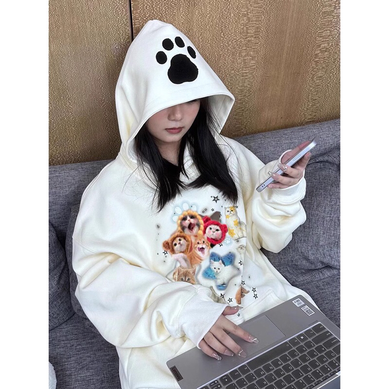 Áo Hoodie Mèo kute dấu chân đen nam nữ form rộng, áo nỉ mũ mùa đông unisex vải nỉ cotton dày dặn