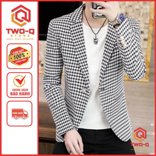 Áo Khoác Vest Blazer Nam Kẻ Dạ Cánh En  Trắng Đen Cao Cấp trẻ trung phong cách Hàn Quốc - Q&Q STORE