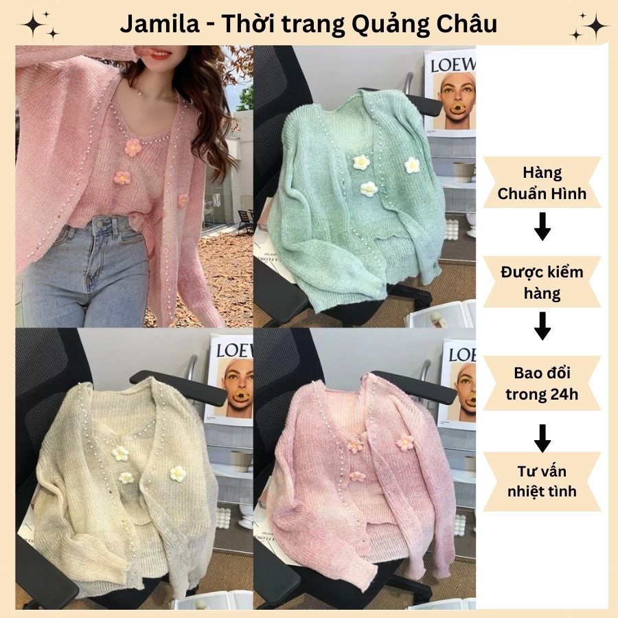 Hàng QC - Set Áo 2 Dây Kèm Áo Khoác Cardigan Len Dệt Kim Ombre Màu Hoa Đính Nổi Siêu Xinh