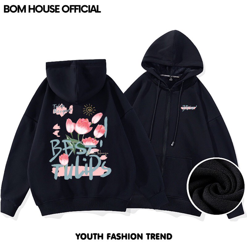 Áo Hoodie Hoa Tulip nam nữ form rộng, áo khoác mùa đông unisex vải nỉ cotton ấm áp