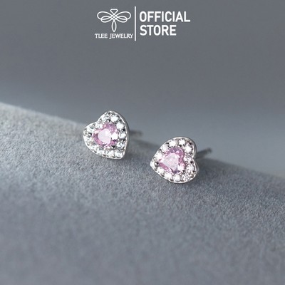 Khuyên tai bạc nữ TLEE, bông tai tim đá hồng xinh xắn TLEE JEWELRY B0402
