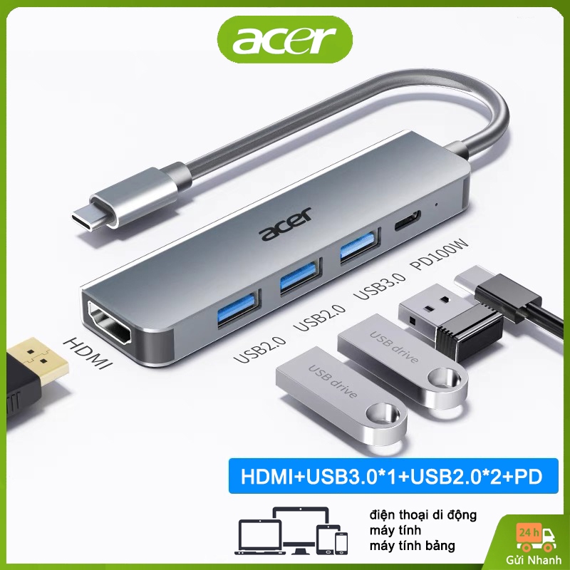 Bộ Chia Type-C Acer T5 5 in 1 Hub USB Truyền Tốc Độ Cao USB3.0*1 + USB2.0*2 + Sạc nhanh PD100W + HDMI 4K