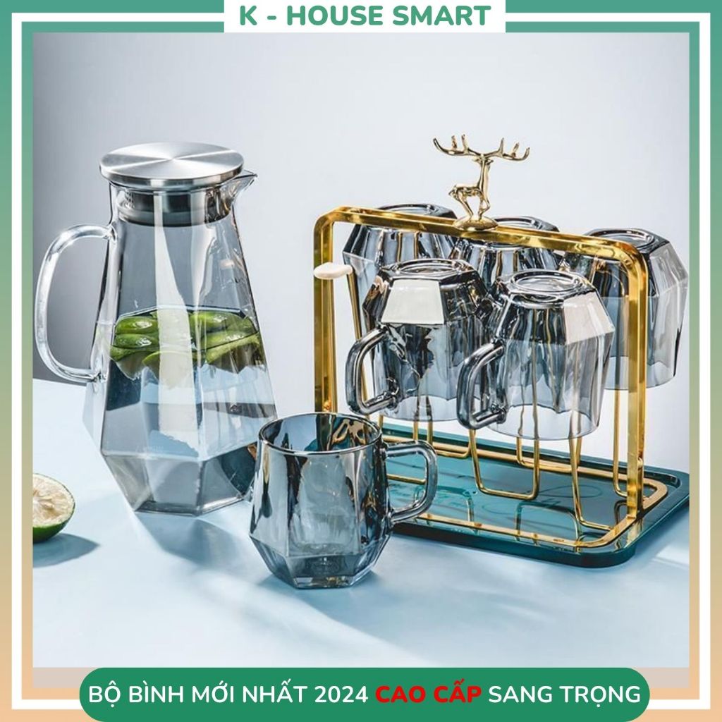 Bộ bình nước cốc thuỷ tinh để bàn phòng khách decor cao cấp chịu nhiệt độ cao K-housesmart