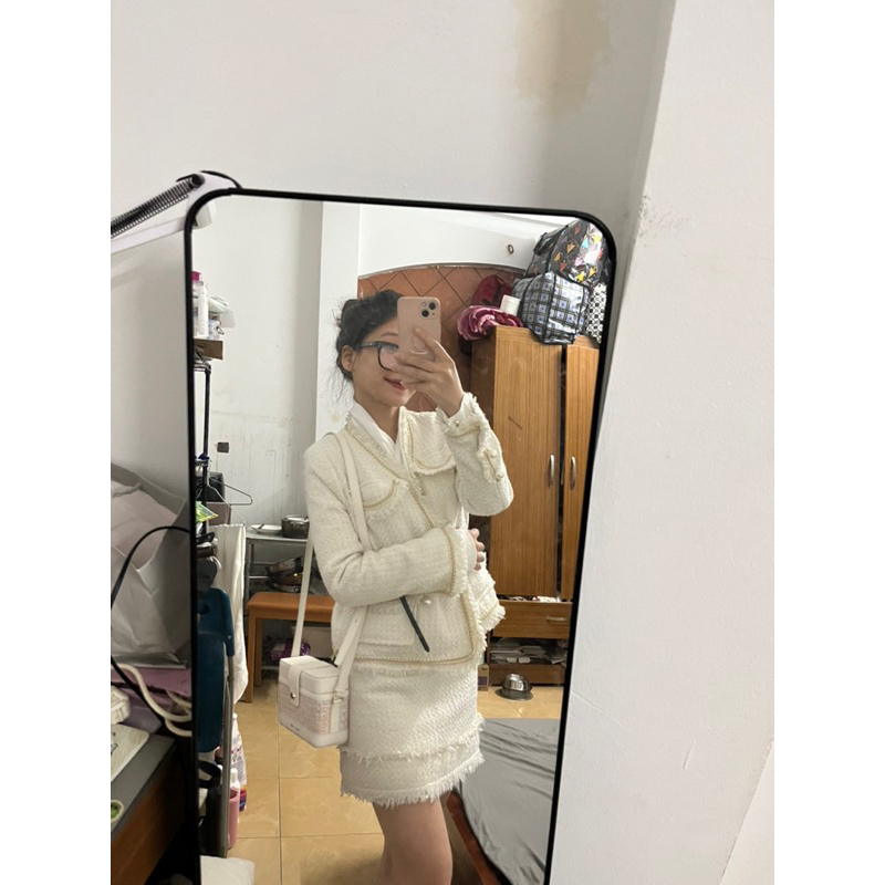 PASS Set Dạ Tweed Trắng Be Áo Dạ Trắng Be Chân Váy Dạ Trắng Be