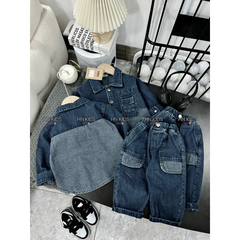 Sét bộ sơ mi jean phối quần jean mềm đẹp cho bé trai