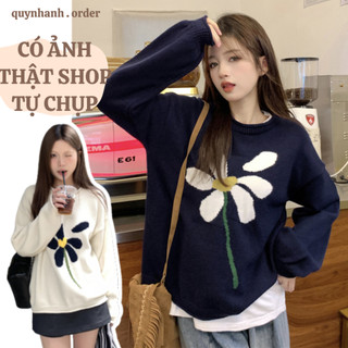 Áo sweater len tay dài nữ, áo sweeter len kiểu hàn quốc thêu bông hoa dáng rộng