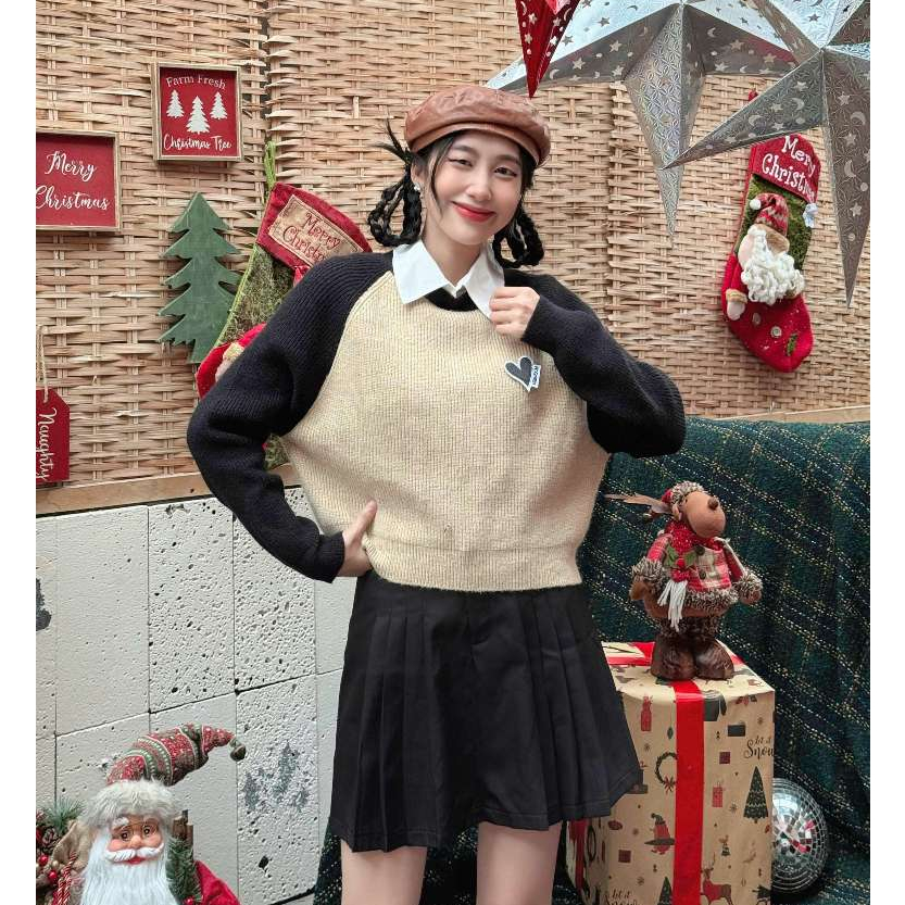 Áo len nữ VMSTYLE dáng ngắn tay dài cổ tròn phối màu đính tim basic đi chơi, dạo phố thời trang thu đông - ALU00251