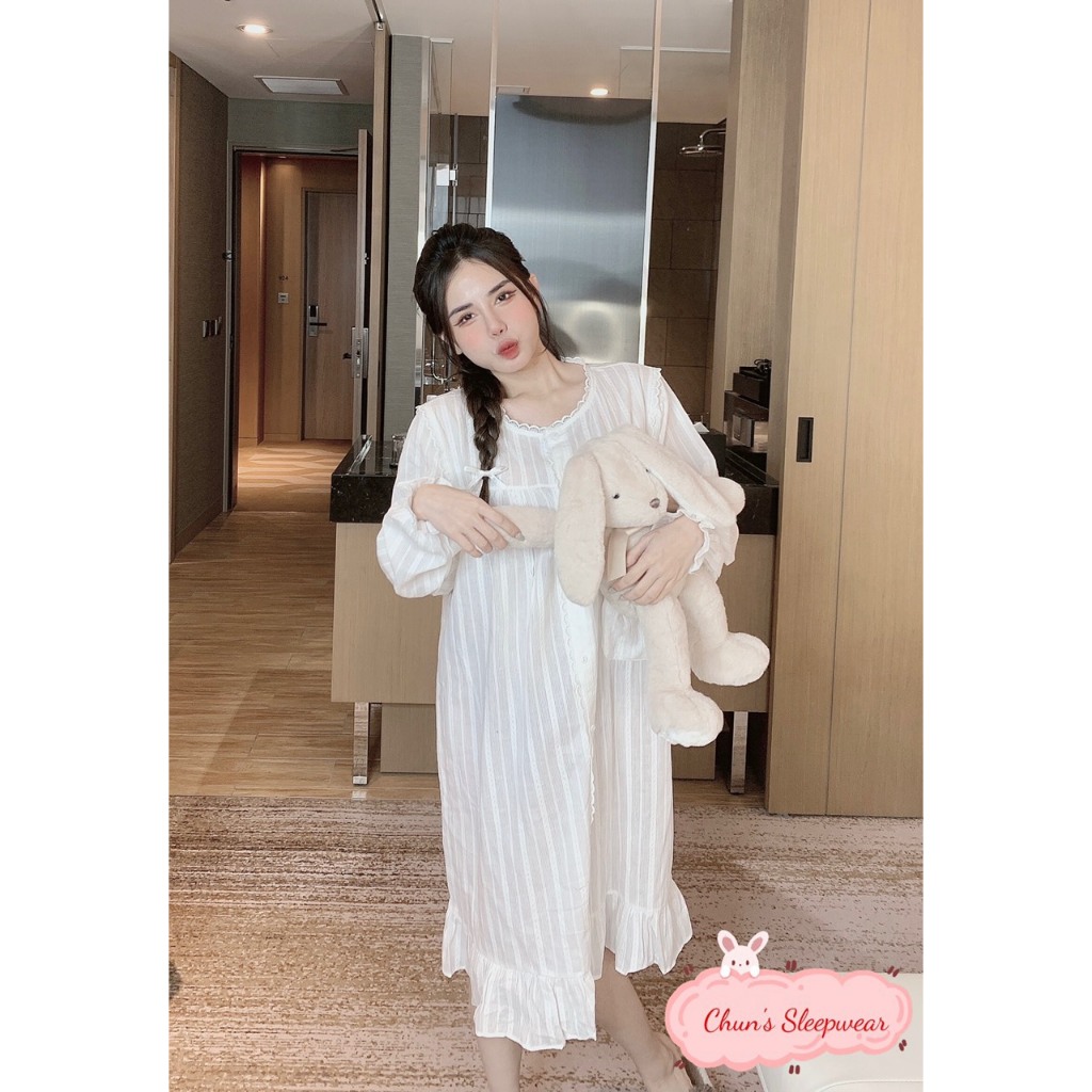 Váy nữ mặc nhà tay dài dáng dài dáng suông tiểu thư chất thô boil đũi phối ren freesize 45-65kg - Chun's sleepwear