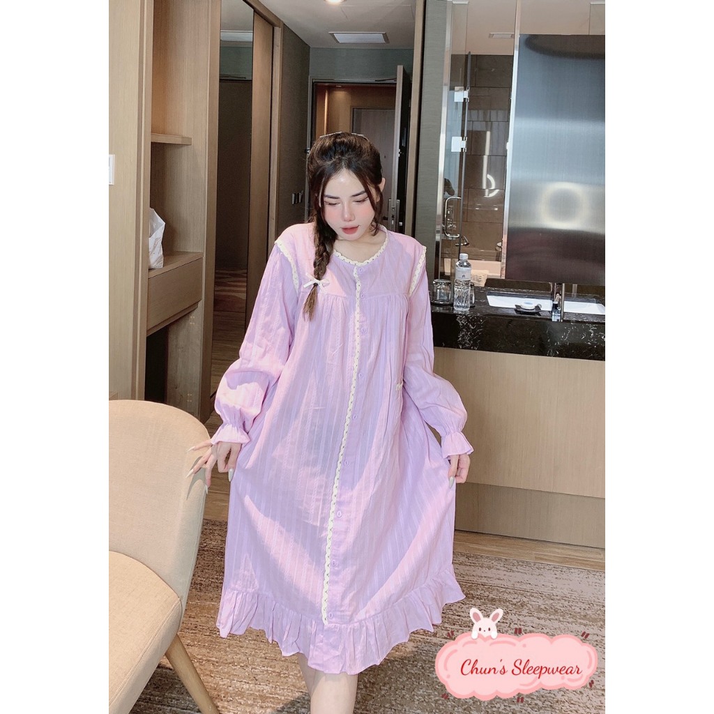 Váy nữ mặc nhà tay dài dáng dài dáng suông tiểu thư chất thô boil đũi phối ren freesize 45-65kg - Chun's sleepwear