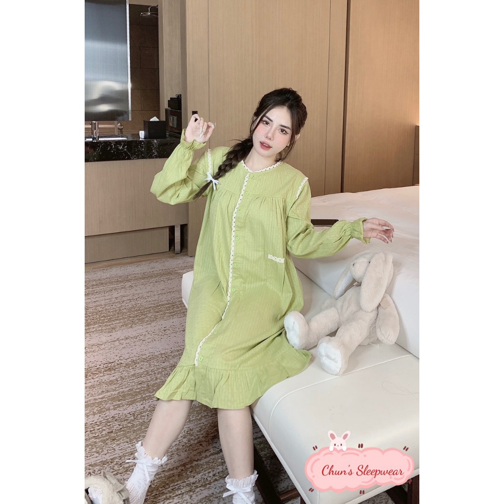 Váy nữ mặc nhà tay dài dáng dài dáng suông tiểu thư chất thô boil đũi phối ren freesize 45-65kg - Chun's sleepwear