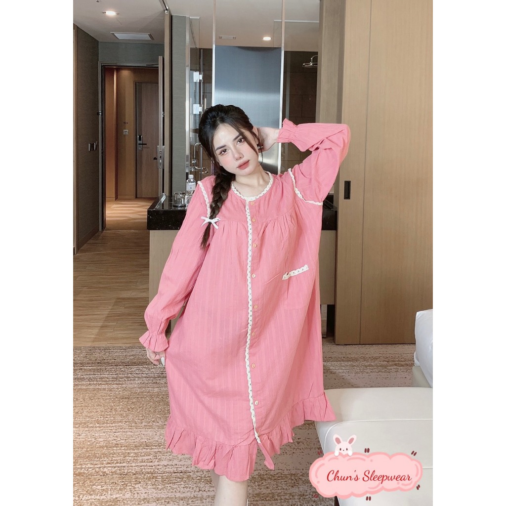 Váy nữ mặc nhà tay dài dáng dài dáng suông tiểu thư chất thô boil đũi phối ren freesize 45-65kg - Chun's sleepwear