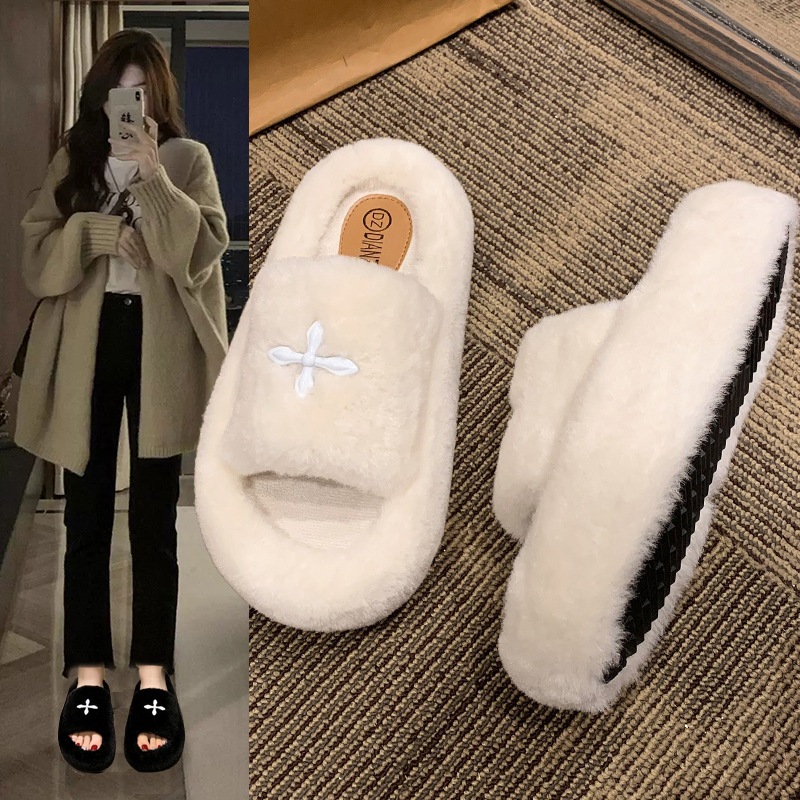 Dép lông chữ thập quai ngang 4p đi ra ngoài dép bông đế dày cao 4cm cao su chống trơn trượt thời tra