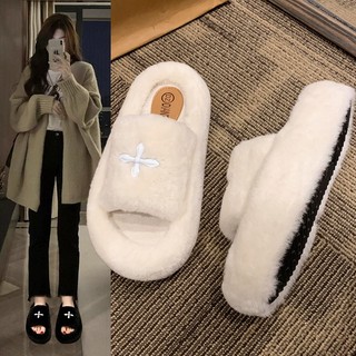 Dép lông chữ thập quai ngang 4p đi ra ngoài dép bông đế dày cao 4cm cao su chống trơn trượt thời trang cao cấp, Lisa M37