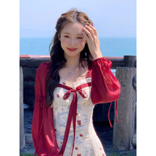 [Sẵn + Hoả tốc] Hermit | Váy cách tân dáng dài tay đỏ nơ ngực Đầm xoè hoa nhí dáng dài cổ vuông chun lưng tay bồng H34